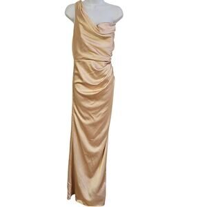 After Six Champagne One Shoulder Cateye Satin Gown Size 14R NWT Bridal Party